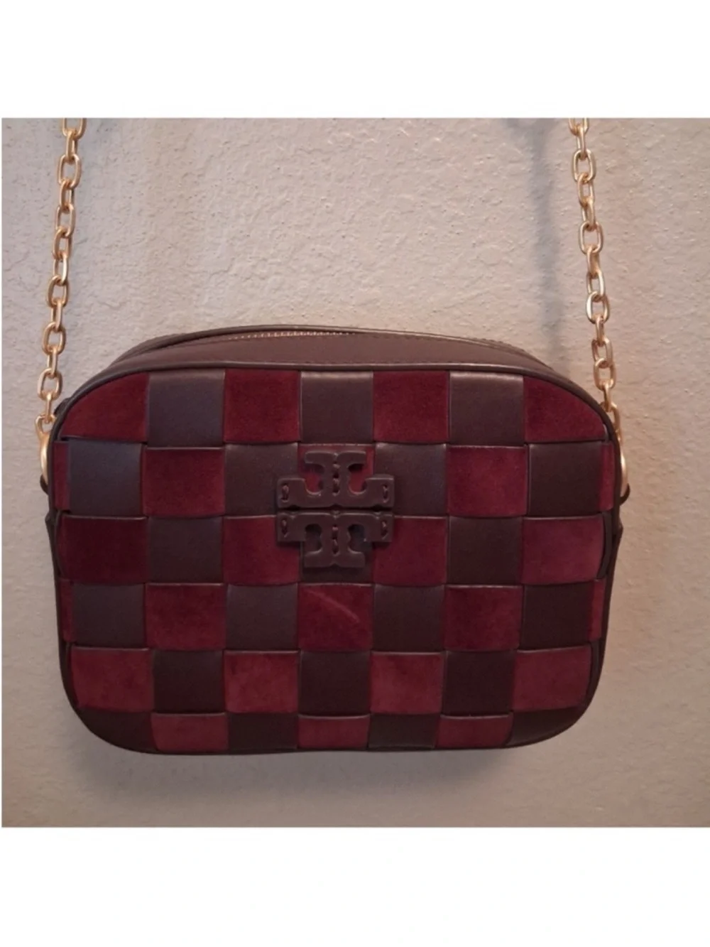 Tory Burch Burgundy and Brown Woven Leather Crossbody with Tassel